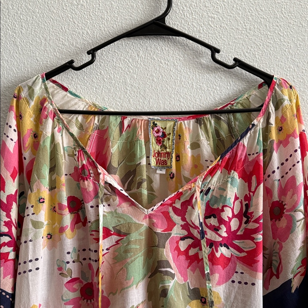 Johnny Was Floral Peasant Blouse in Pink, Yellow, Green, Navy, White - Picture 4 of 7